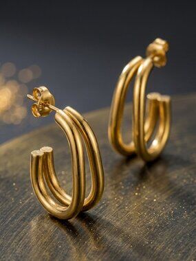 18 Karat Gold Plated Stainless Steel Double C Hoop Minimalist Everyday Earrings